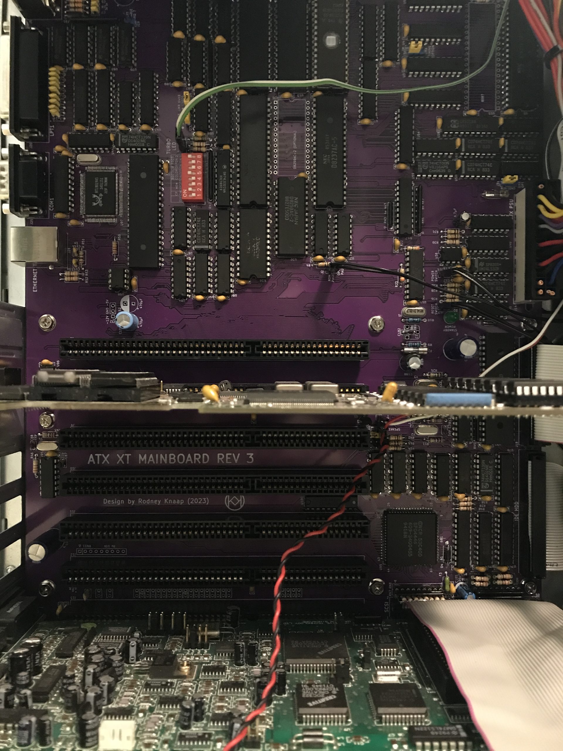 The mainboard mounted in a ATX PC case